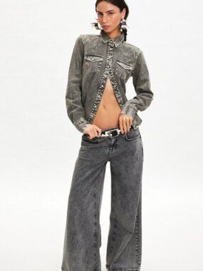 BDG Ariella Denim Western Shirt Urban Outfitters Buttondown Top Grey M